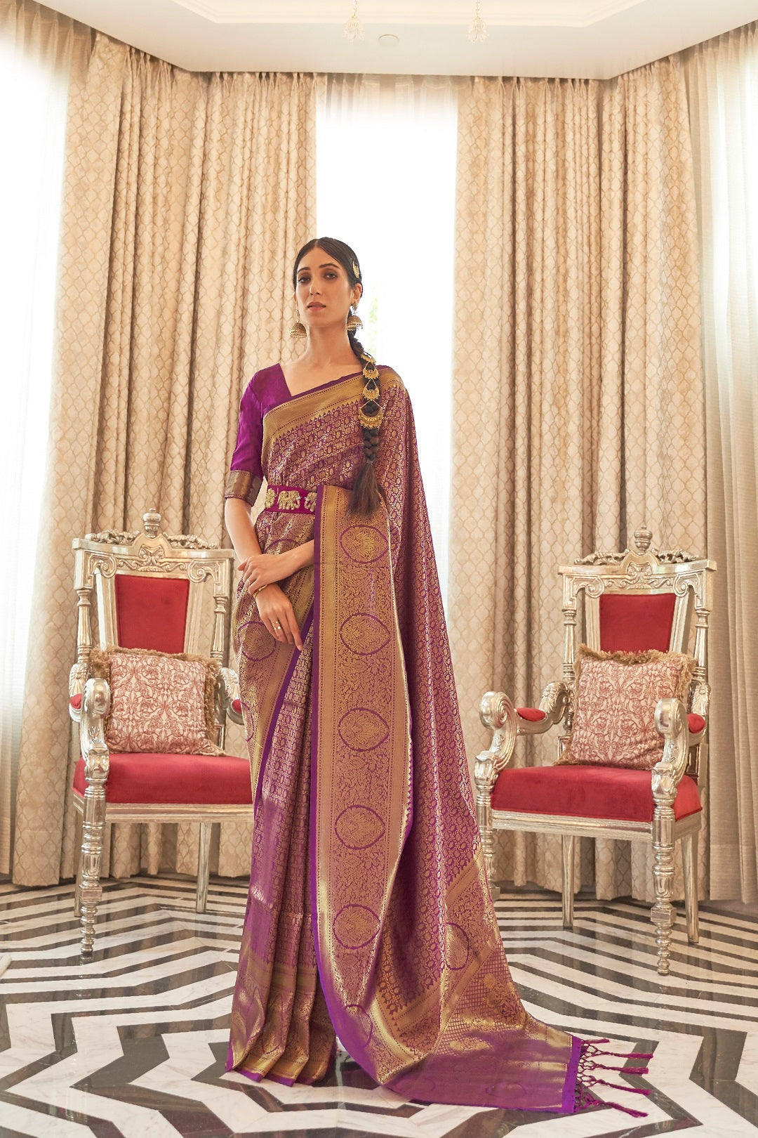 Vsaree Designer Golden  Zari Weaving Purple Color Banarasi Silk Saree With Heavy Blouse