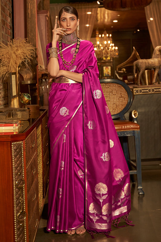 Designer Party Wear  Golden Zari Weaving Overall Butti Design Satin Silk Saree With Heavy Blouse