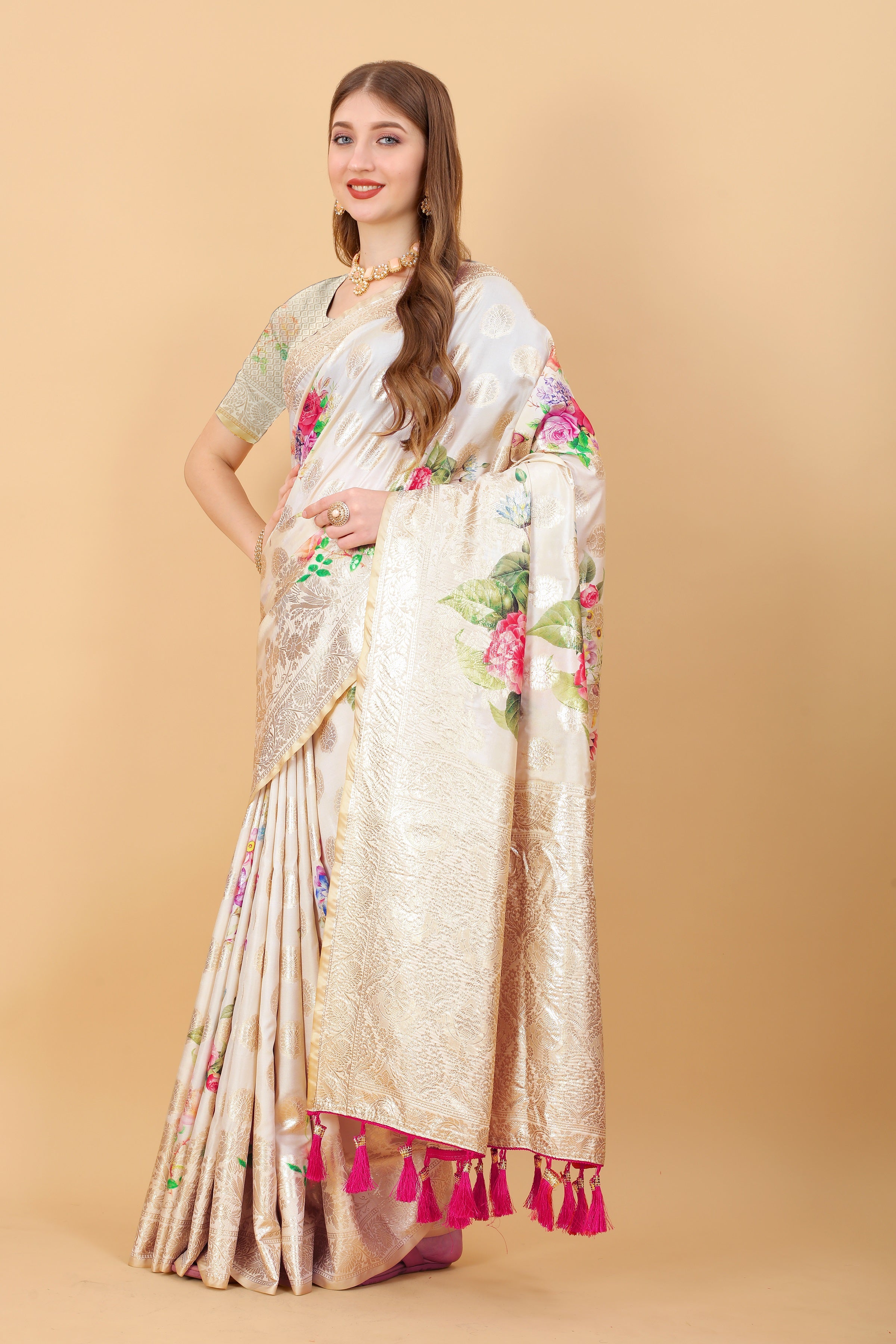 Vsaree  Cream Nylon Silk And Zari weaving Saree With Designer Border And Blouse