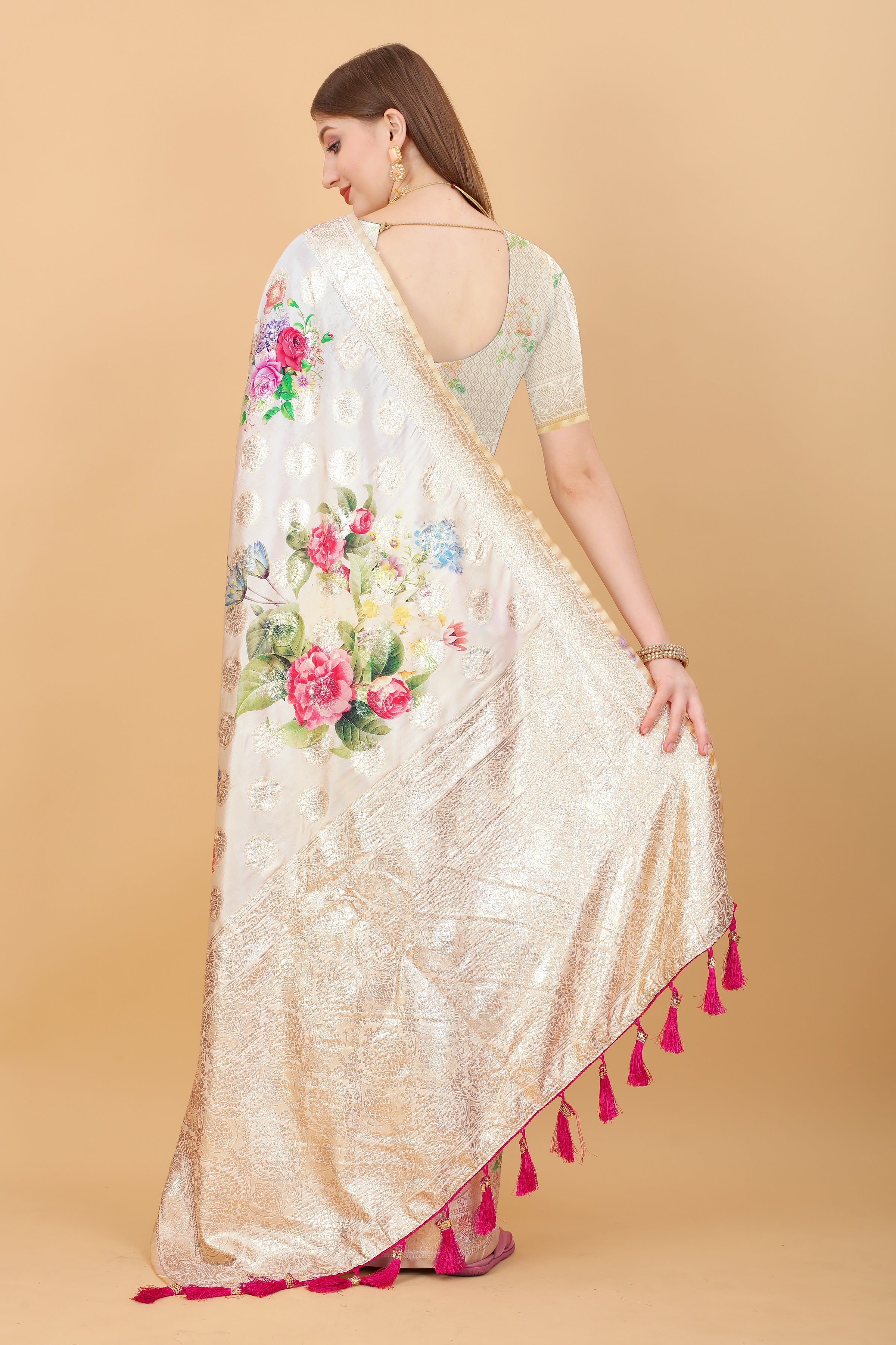 Vsaree  Cream Nylon Silk And Zari weaving Saree With Designer Border And Blouse