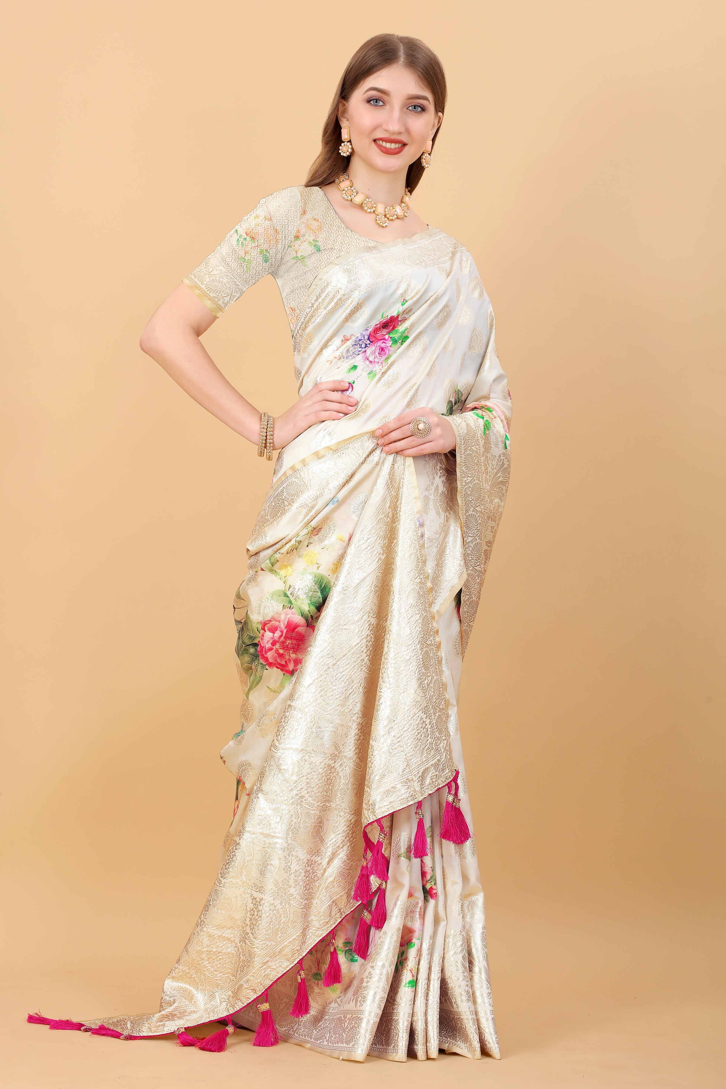 Vsaree  Cream Nylon Silk And Zari weaving Saree With Designer Border And Blouse