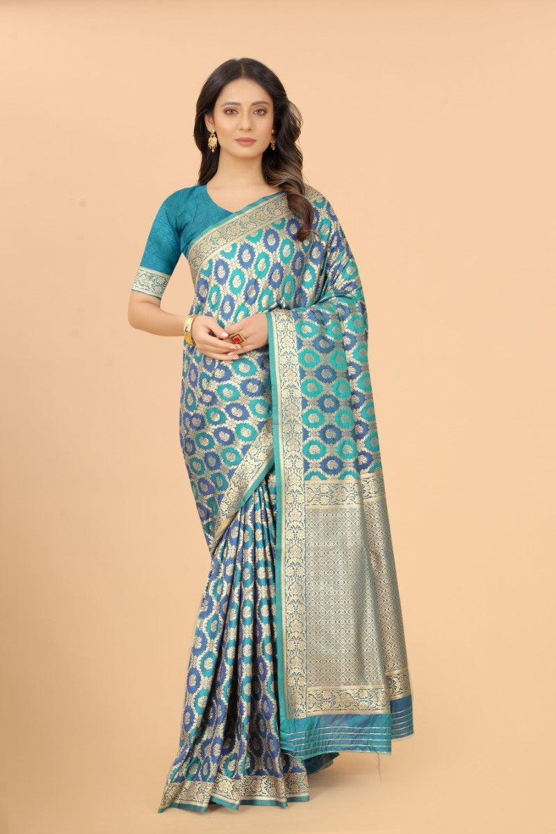 Designer Banarasi Soft Silk Saree With Pure Golden Zari Border And Blouse