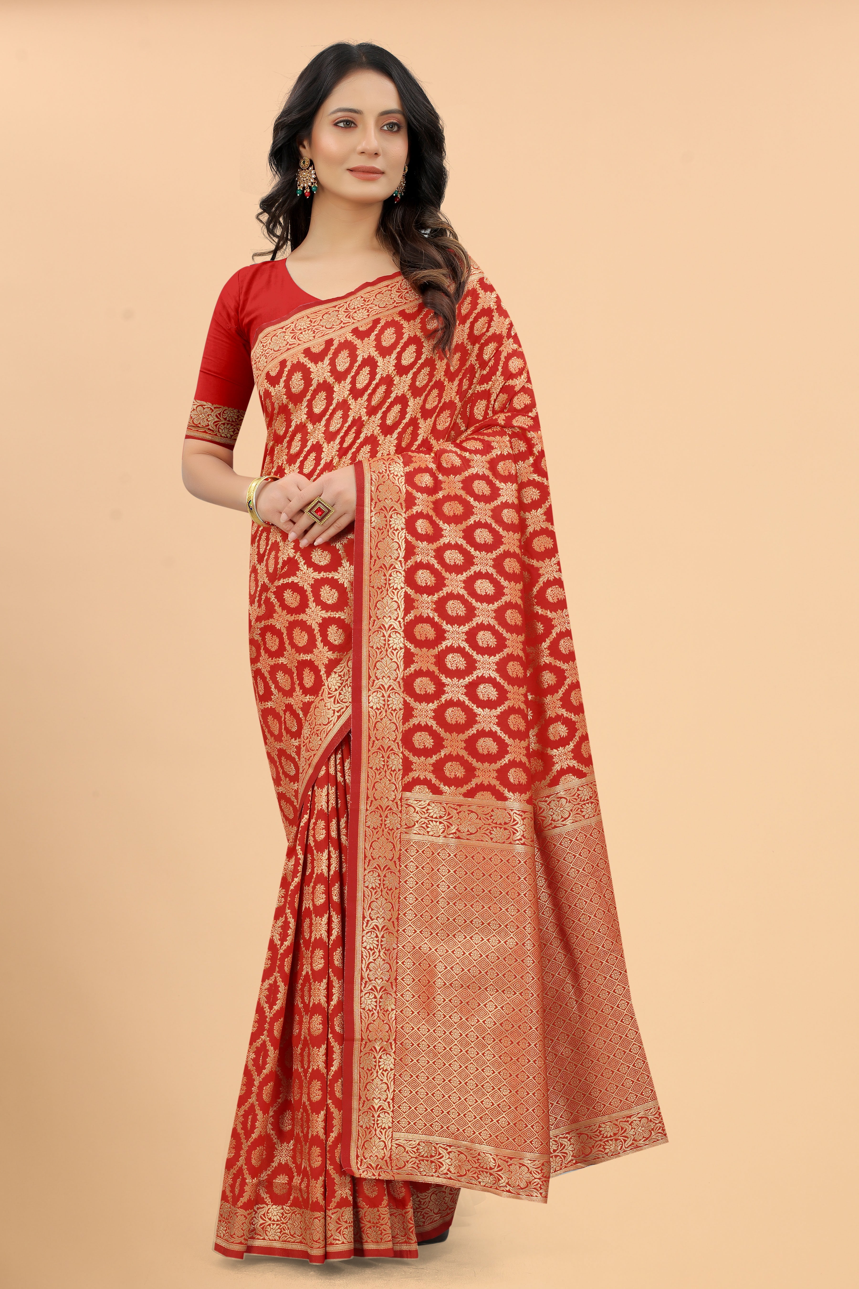 Designer Banarasi Soft Silk Saree With Pure Golden Zari Border And Blouse