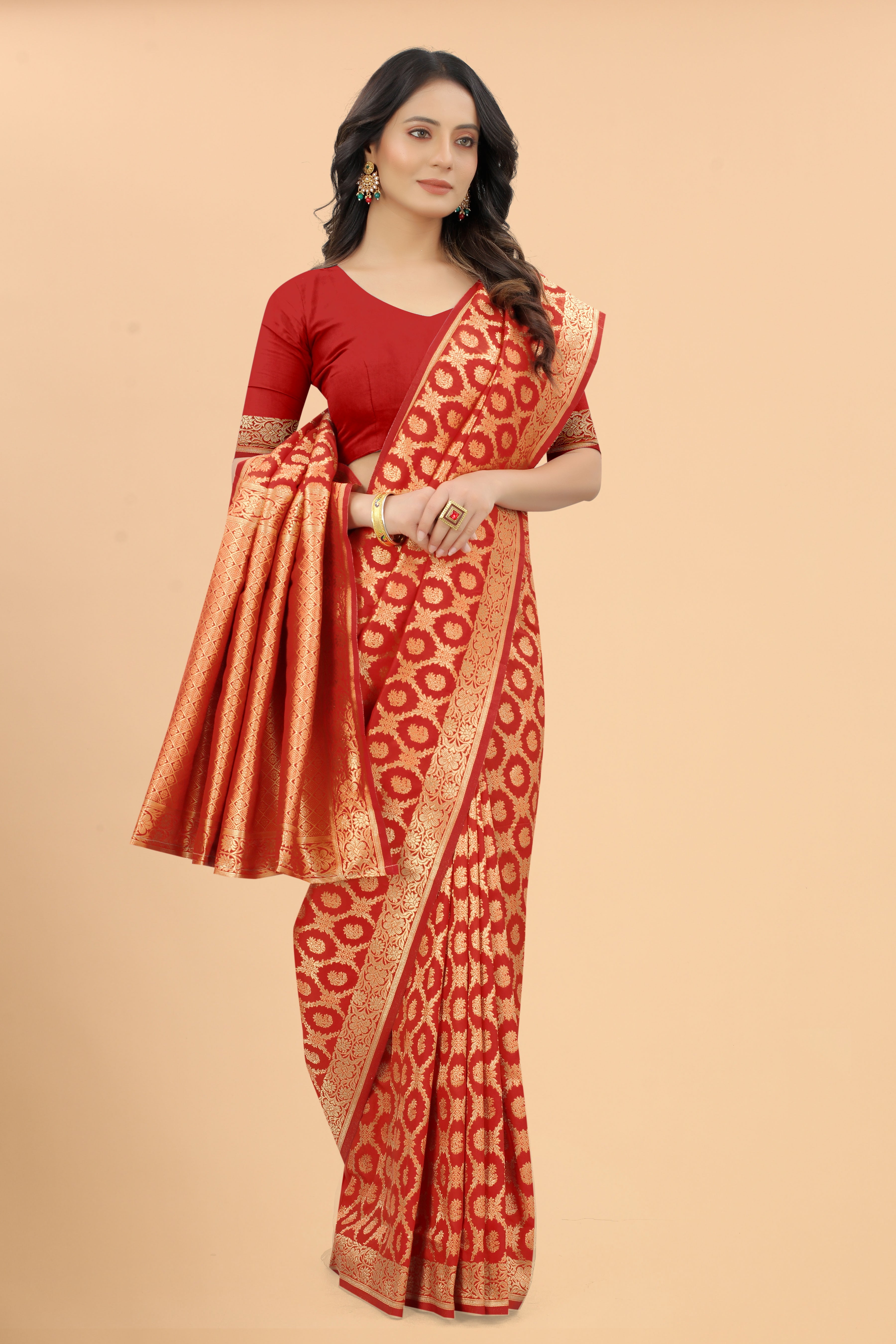 Designer Banarasi Soft Silk Saree With Pure Golden Zari Border And Blouse