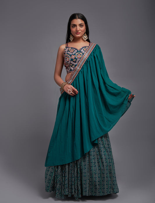 WOMEN'S TEAL GEORGETTE WITH SEQUINS AND THREAD EMBROIDERY WORK LEHENGA CHOLI