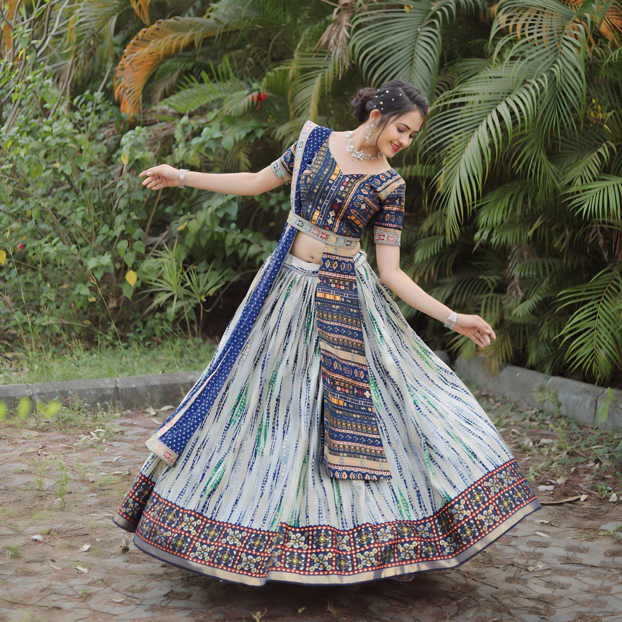 WOMEN'S ROYAL BLUE SLUB COTTON EMBROIDERED & SHIBORI DIGITAL PRINT TRADITIONAL LEHENGA CHOLI