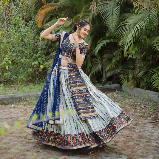 WOMEN'S ROYAL BLUE SLUB COTTON EMBROIDERED & SHIBORI DIGITAL PRINT TRADITIONAL LEHENGA CHOLI