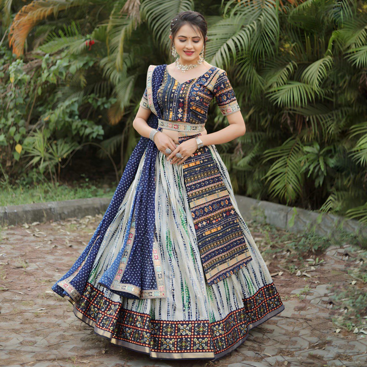 WOMEN'S ROYAL BLUE SLUB COTTON EMBROIDERED & SHIBORI DIGITAL PRINT TRADITIONAL LEHENGA CHOLI