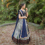 WOMEN'S ROYAL BLUE SLUB COTTON EMBROIDERED & SHIBORI DIGITAL PRINT TRADITIONAL LEHENGA CHOLI