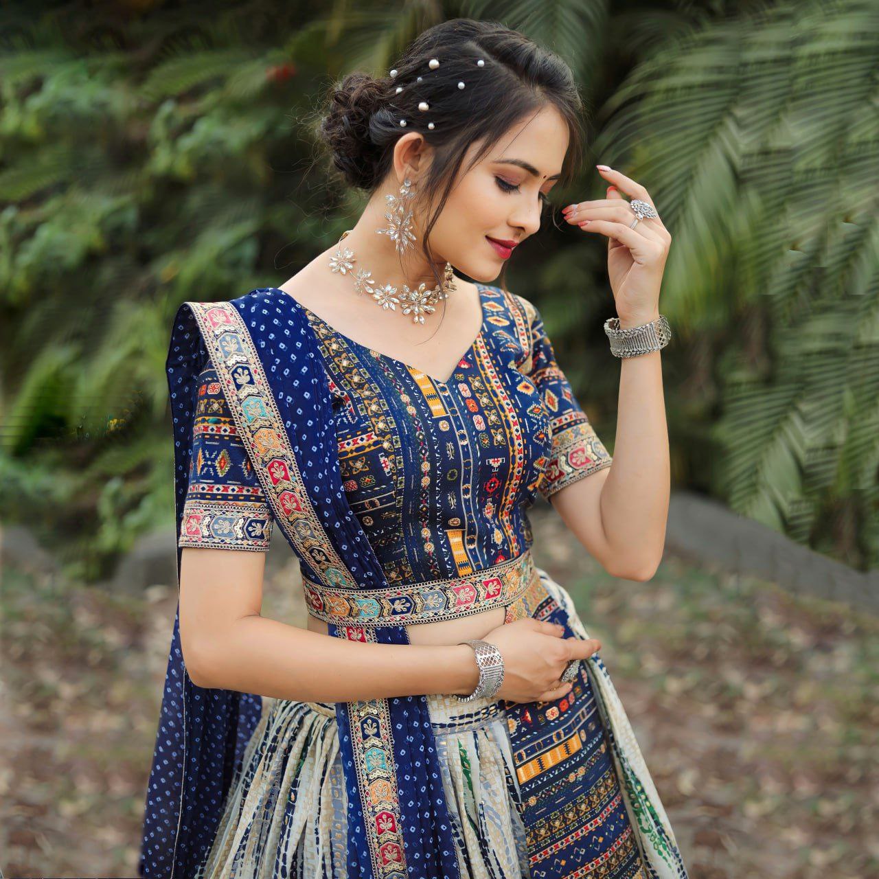 WOMEN'S ROYAL BLUE SLUB COTTON EMBROIDERED & SHIBORI DIGITAL PRINT TRADITIONAL LEHENGA CHOLI