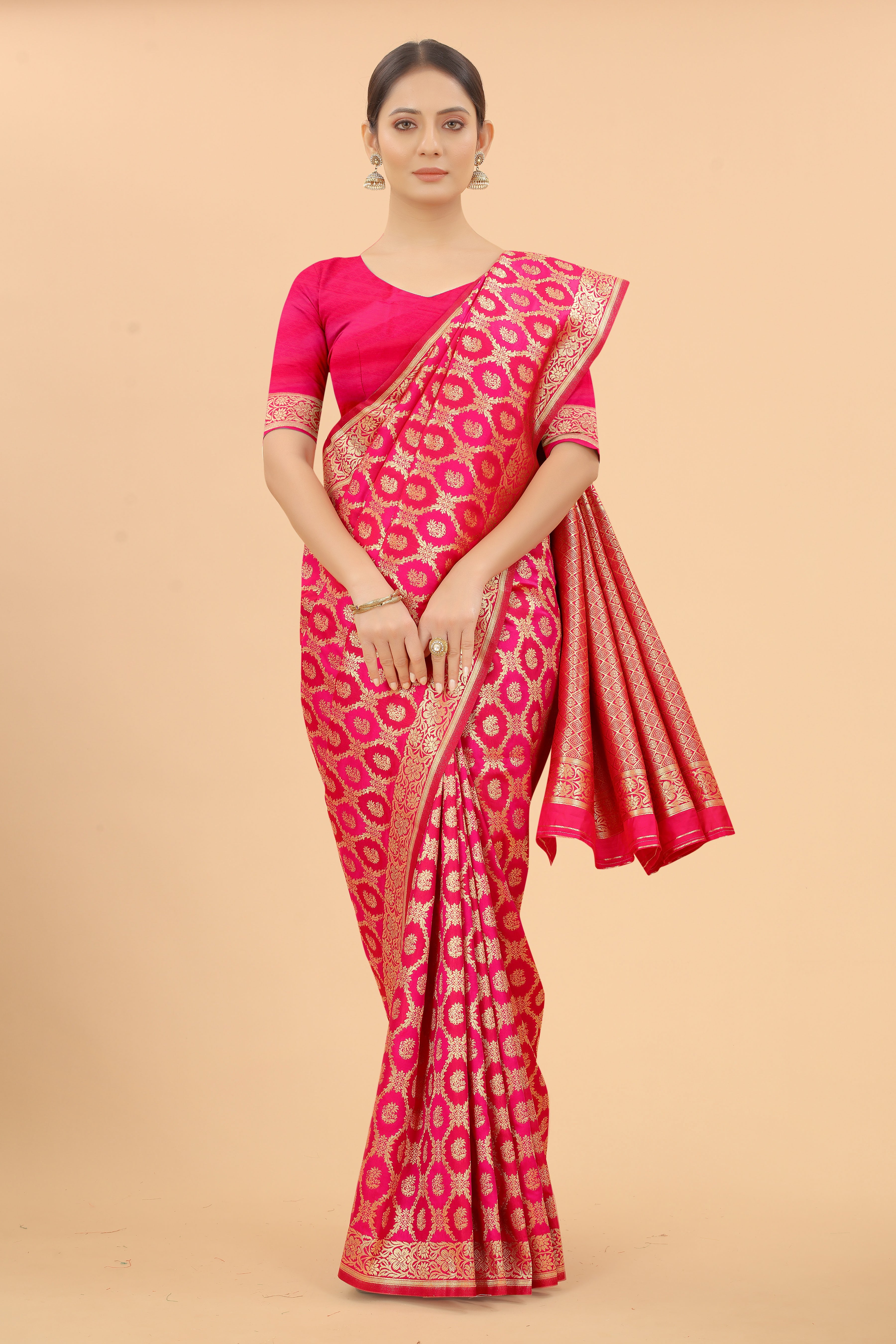 Designer Banarasi Soft Silk Saree With Pure Golden Zari Border And Blouse