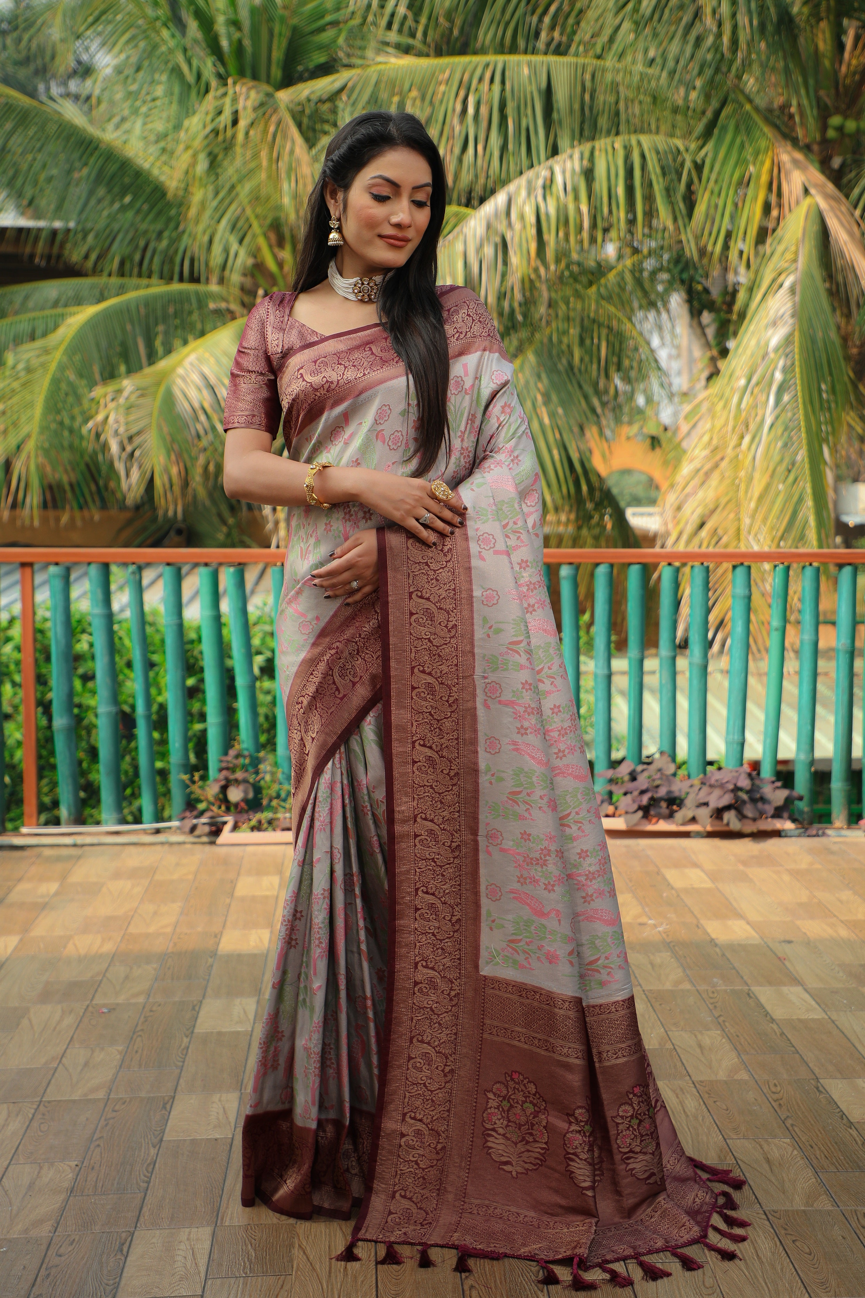 Vsaree Peacock Design Copper Zari Weaving Kanjivaram Silk Saree With Attrective Blouse And Rich Pallu