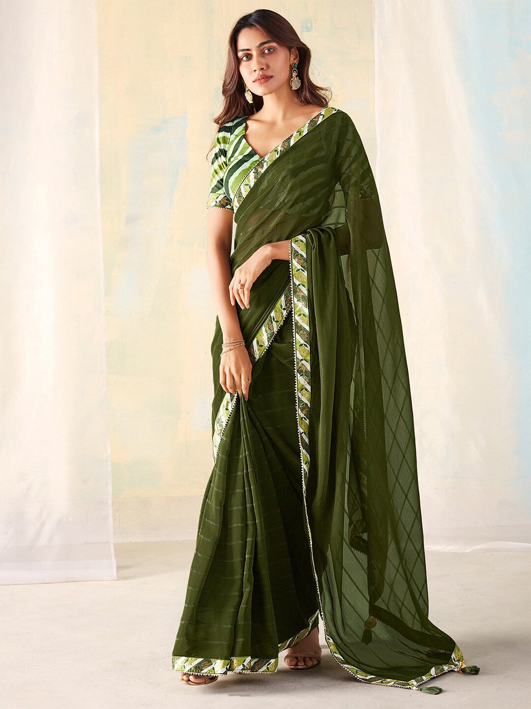 Vsaree Green Banglori Printed Pallu And Designer Border Saree With Banglori Blouse For Women