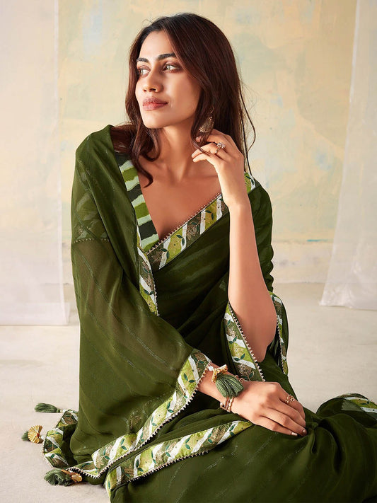 Vsaree Green Banglori Printed Pallu And Designer Border Saree With Banglori Blouse For Women