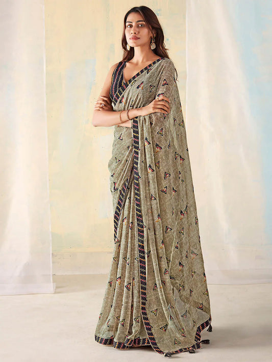 Vsaree Chikoo Banglori Printed Pallu And Designer Border Saree With Banglori Blouse For Women