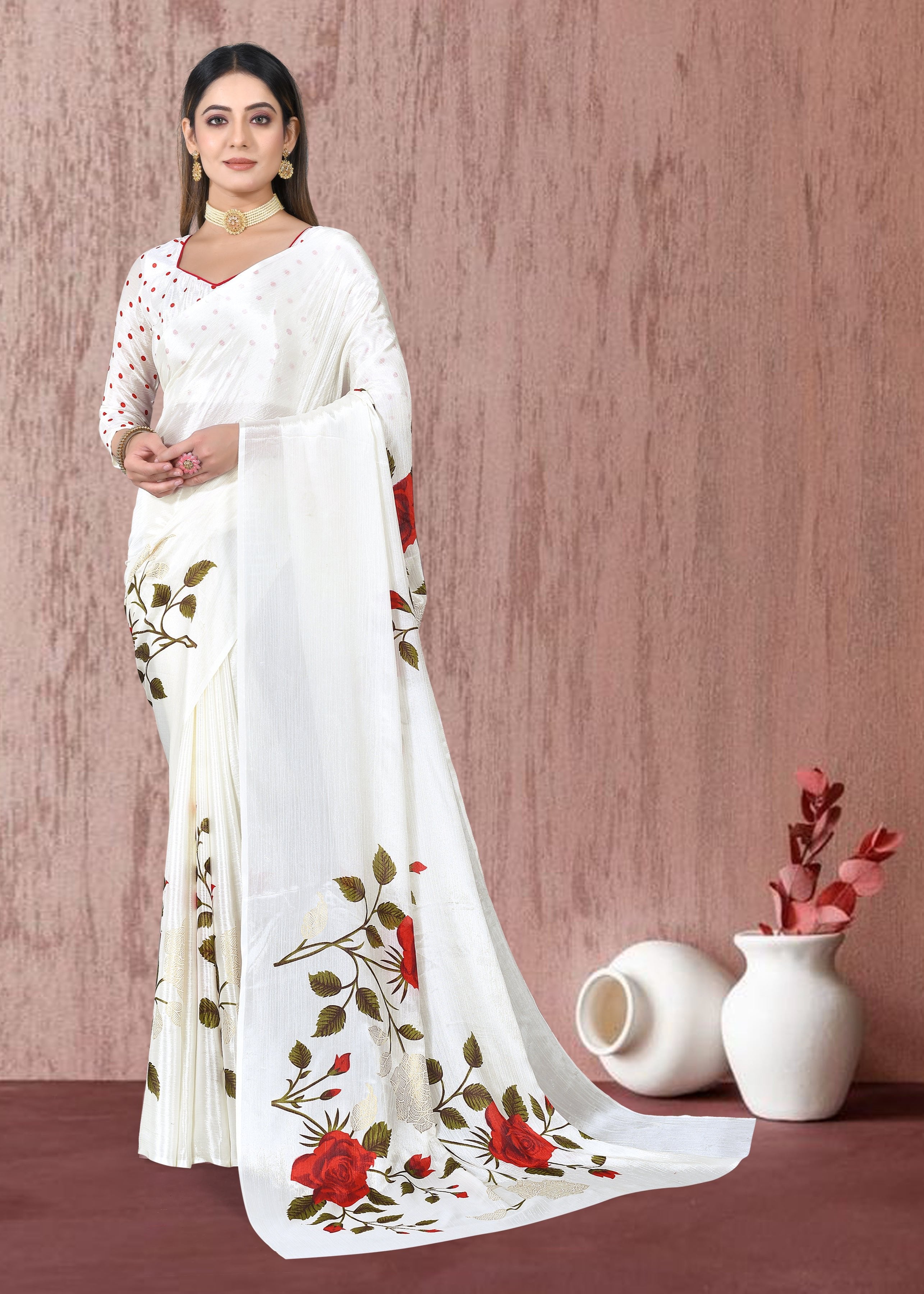 Vsaree White Printed Chiffon Saree With Pallu And Printed Chiffon Blouse