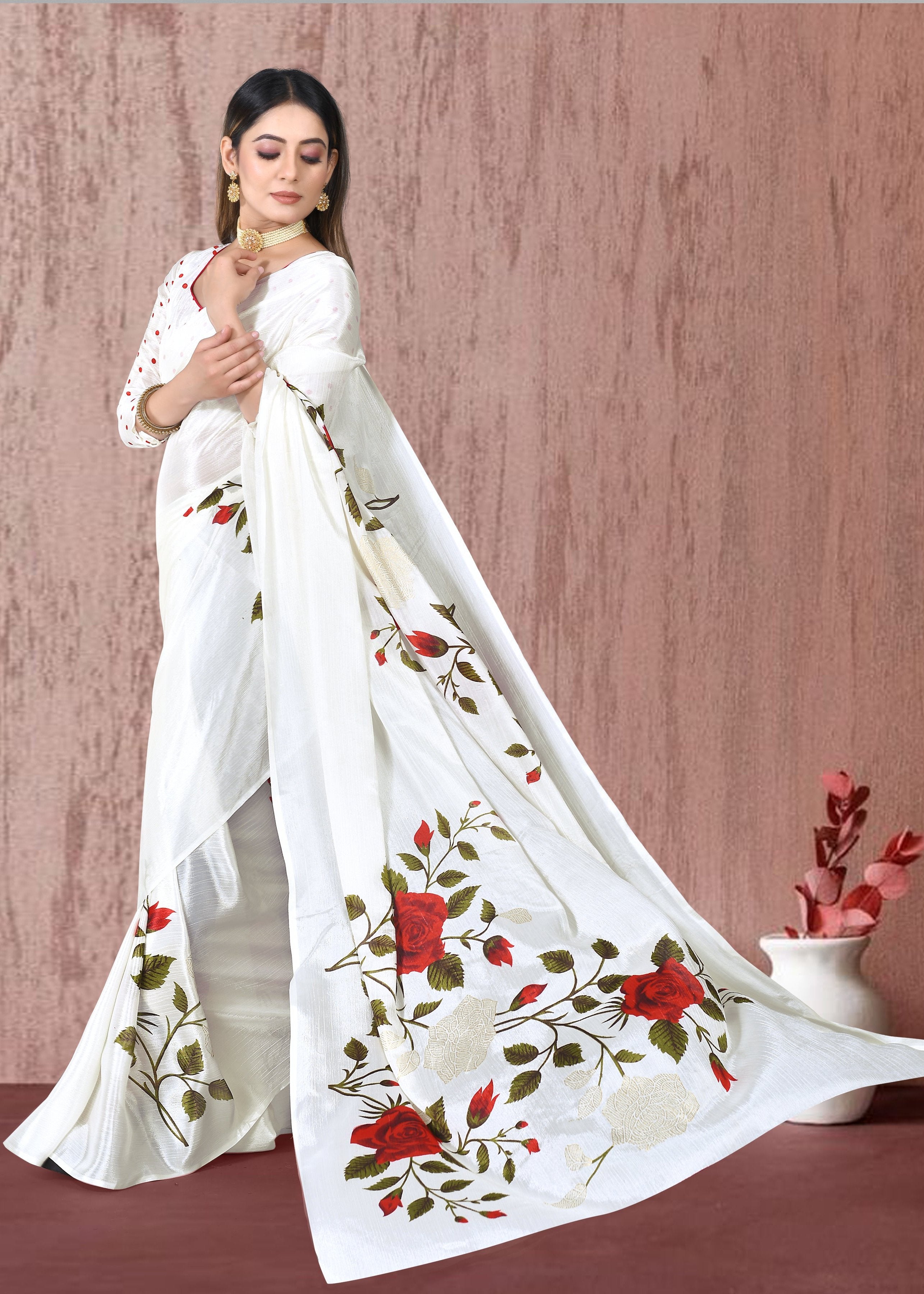 Vsaree White Printed Chiffon Saree With Pallu And Printed Chiffon Blouse