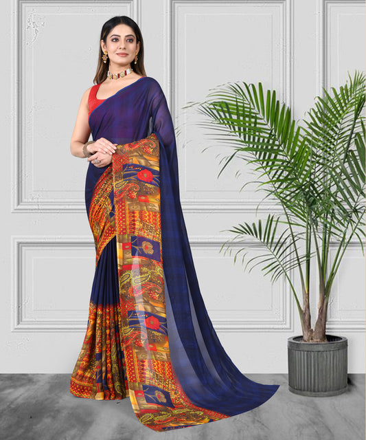 Vsaree Blue Georette Designer And Printed Work Saree With Georette Blouse For Women