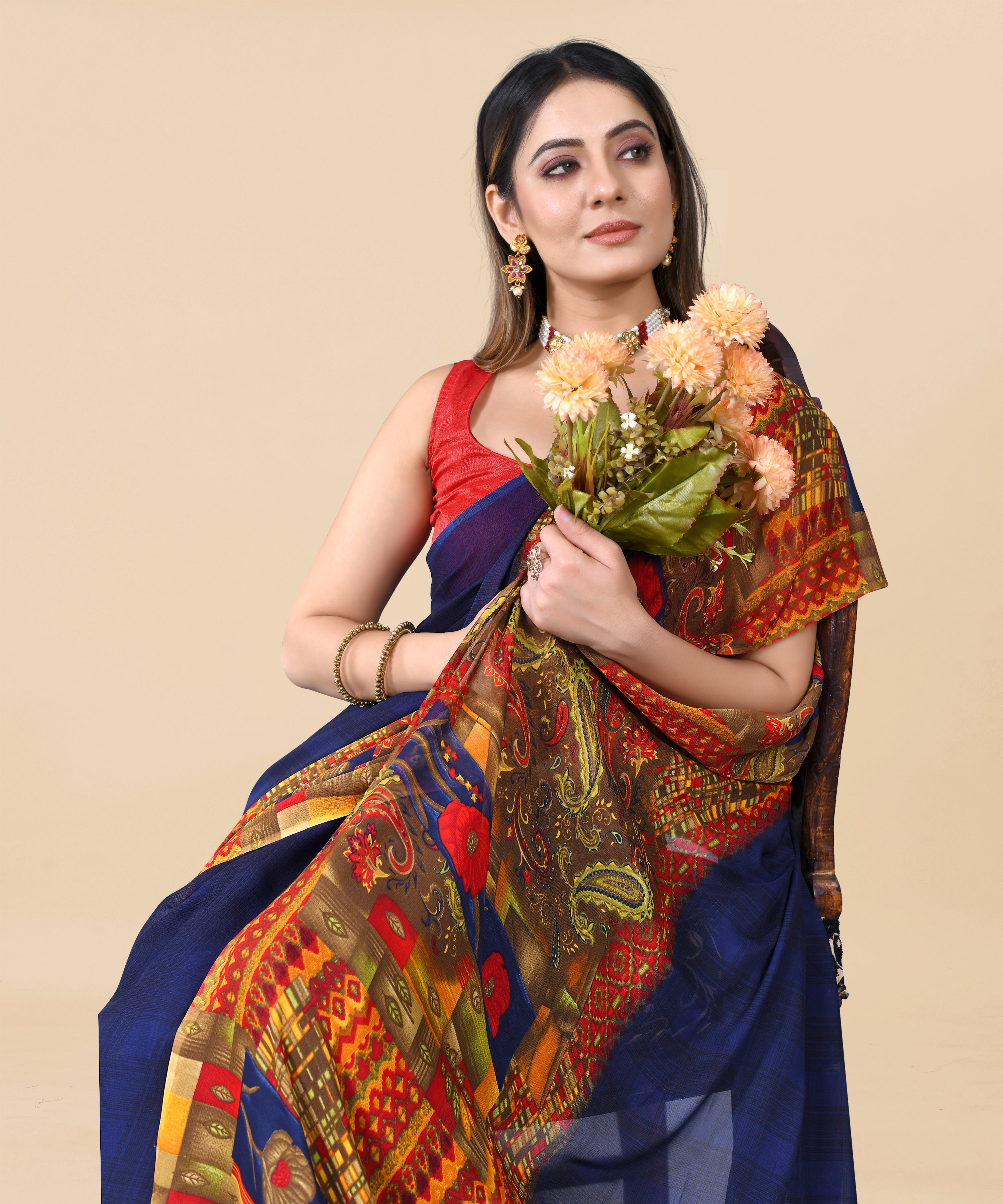 Vsaree Blue Georette Designer And Printed Work Saree With Georette Blouse For Women