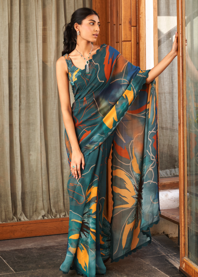 Vsaree Rama Bright Moss Printed Work And Contras Border Saree With Banglory Blouse And Rich Pallu