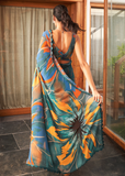 Vsaree Rama Bright Moss Printed Work And Contras Border Saree With Banglory Blouse And Rich Pallu