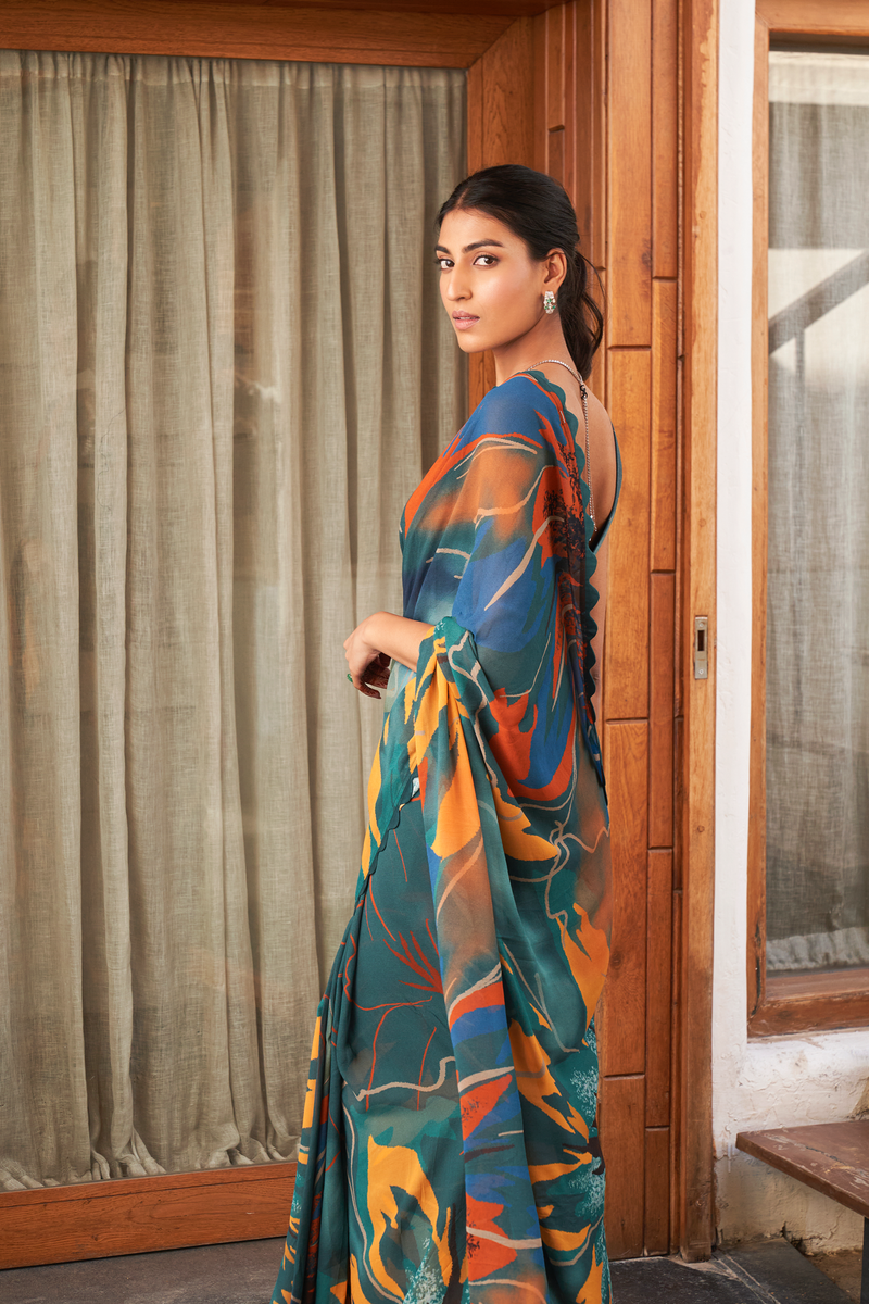 Vsaree Rama Bright Moss Printed Work And Contras Border Saree With Banglory Blouse And Rich Pallu