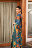 Vsaree Rama Bright Moss Printed Work And Contras Border Saree With Banglory Blouse And Rich Pallu