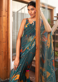 Vsaree Rama Bright Moss Printed Work And Contras Border Saree With Banglory Blouse And Rich Pallu