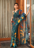 Vsaree Rama Bright Moss Printed Work And Contras Border Saree With Banglory Blouse And Rich Pallu