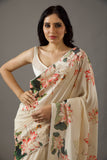 Vsaree Cream Bright Moss Printed Work And Contras Border Saree With Banglory Blouse And Printed Pallu