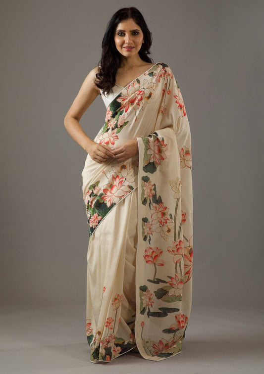 Vsaree Cream Bright Moss Printed Work And Contras Border Saree With Banglory Blouse And Printed Pallu