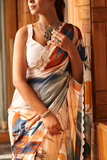 Vsaree White Bright Moss Printed Work And Contras Border Saree With Banglory Blouse And Rich Pallu