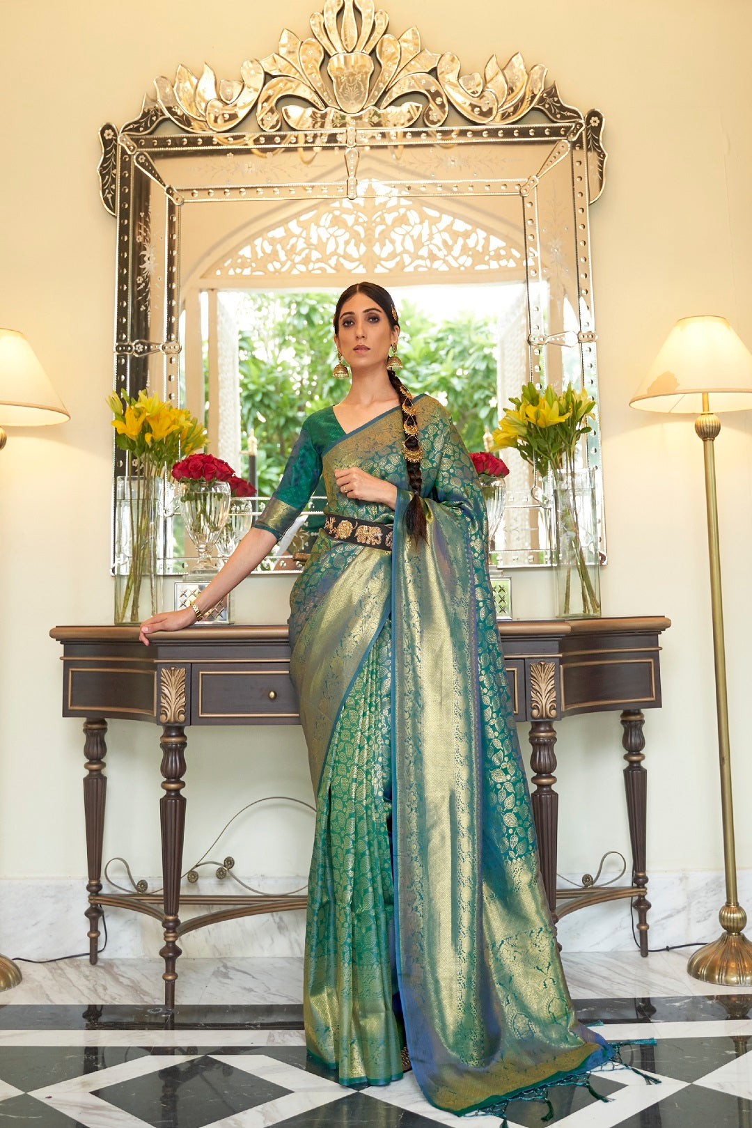 Vsaree Designer Golden Zari Weaving Floral Design Green Color Banarasi Silk Saree With Heavy Blouse