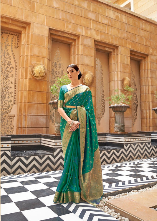 Designer Golden Zari Weaving Small Butti Zari Weaving Design Banarasi Silk Saree With Heavy Blouse