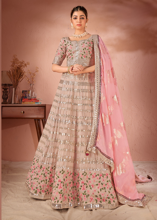 WOMEN'S BEIGE GEORGETTE SEQUINS AND MULTI THREAD WORK PARTY WEAR LEHENGA CHOLI