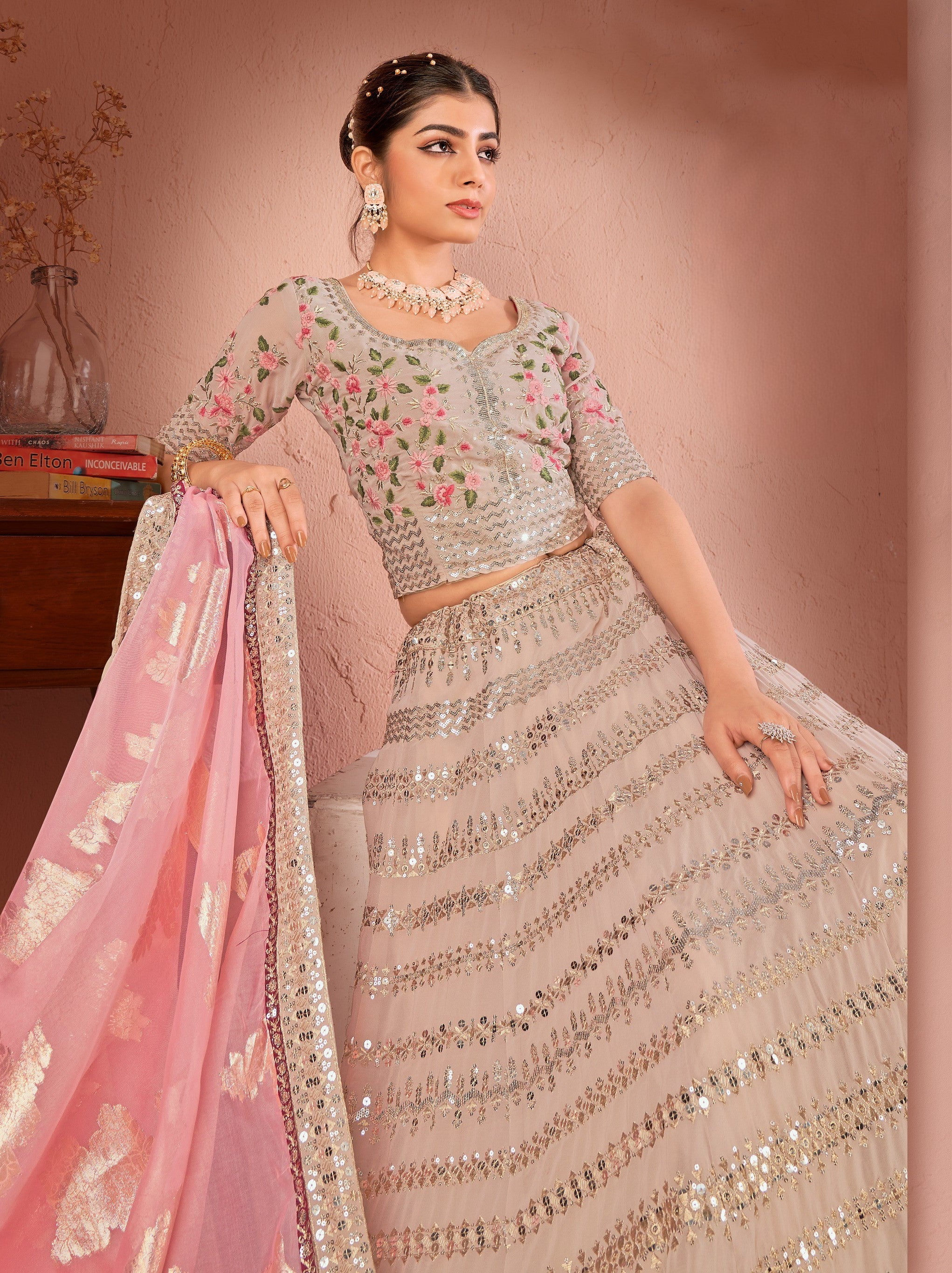 WOMEN'S BEIGE GEORGETTE SEQUINS AND MULTI THREAD WORK PARTY WEAR LEHENGA CHOLI