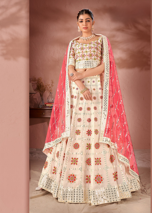 WOMEN'S OFF WHITE GEORGETTE SEQUINS AND MULTI THREAD WORK PARTY WEAR LEHENGA CHOLI