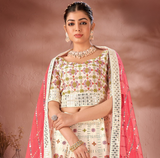 WOMEN'S OFF WHITE GEORGETTE SEQUINS AND MULTI THREAD WORK PARTY WEAR LEHENGA CHOLI