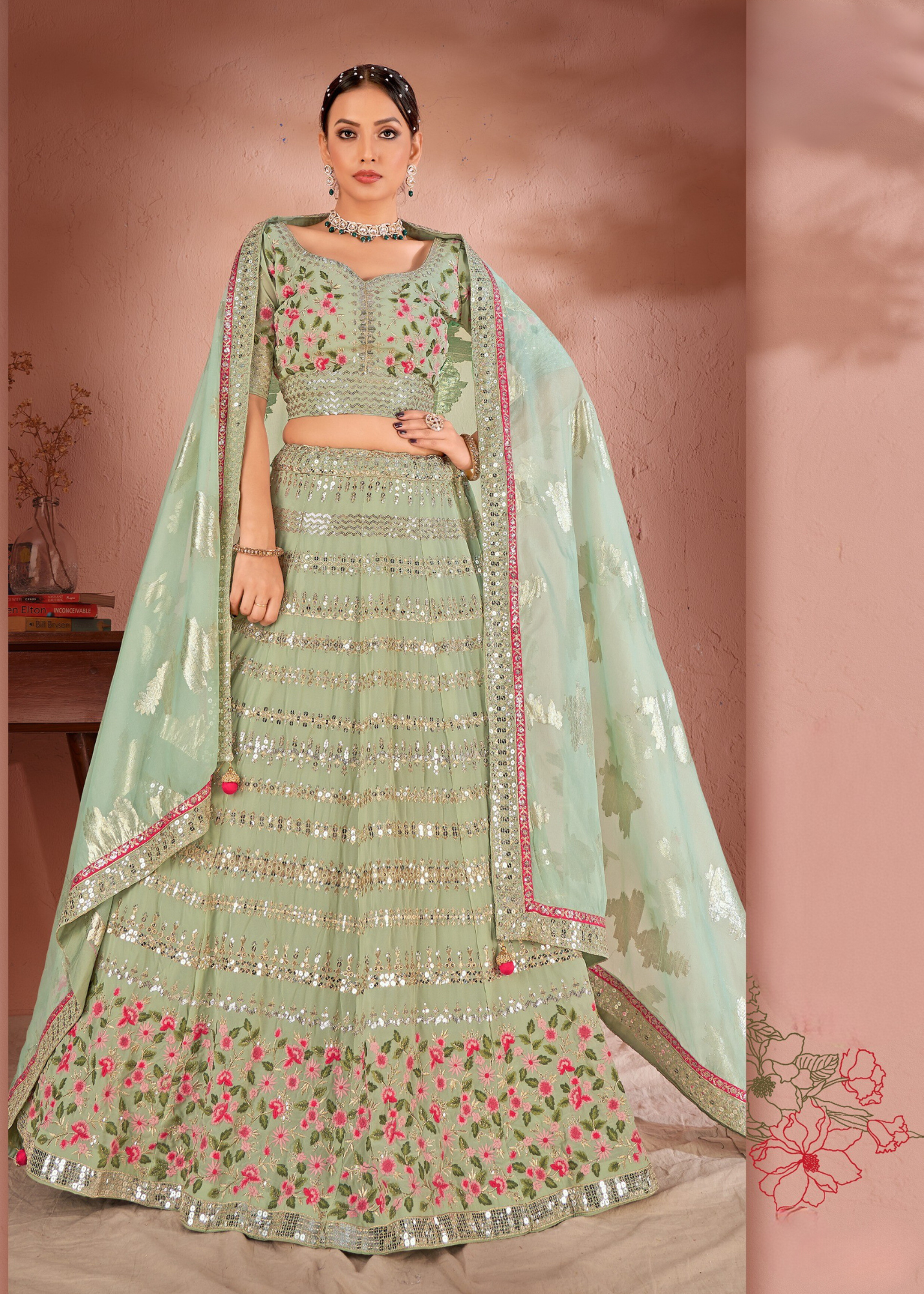 WOMEN'S PISTA GREEN GEORGETTE SEQUINS AND MULTI THREAD WORK PARTY WEAR LEHENGA CHOLI