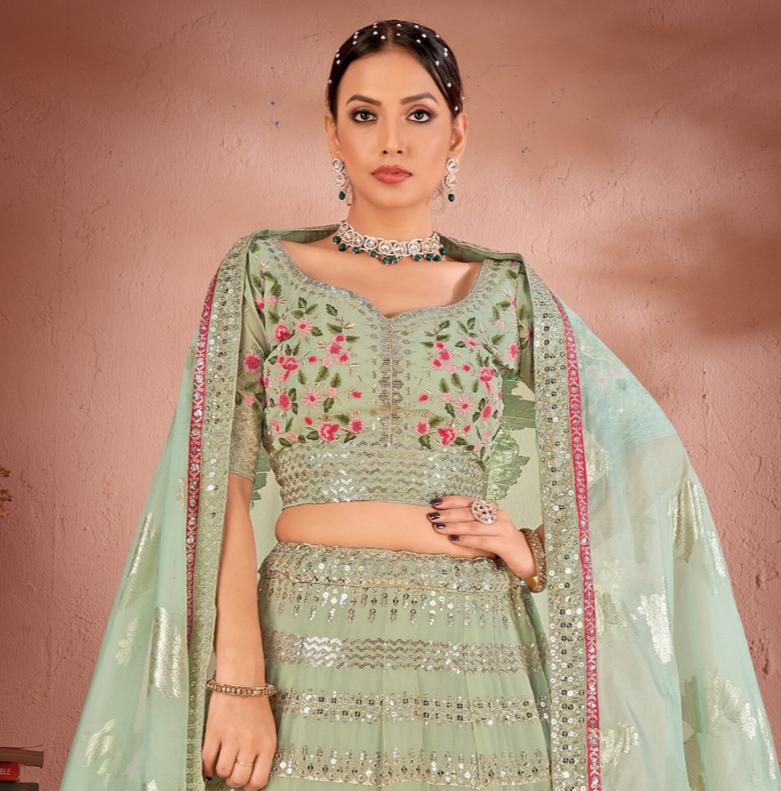 WOMEN'S PISTA GREEN GEORGETTE SEQUINS AND MULTI THREAD WORK PARTY WEAR LEHENGA CHOLI