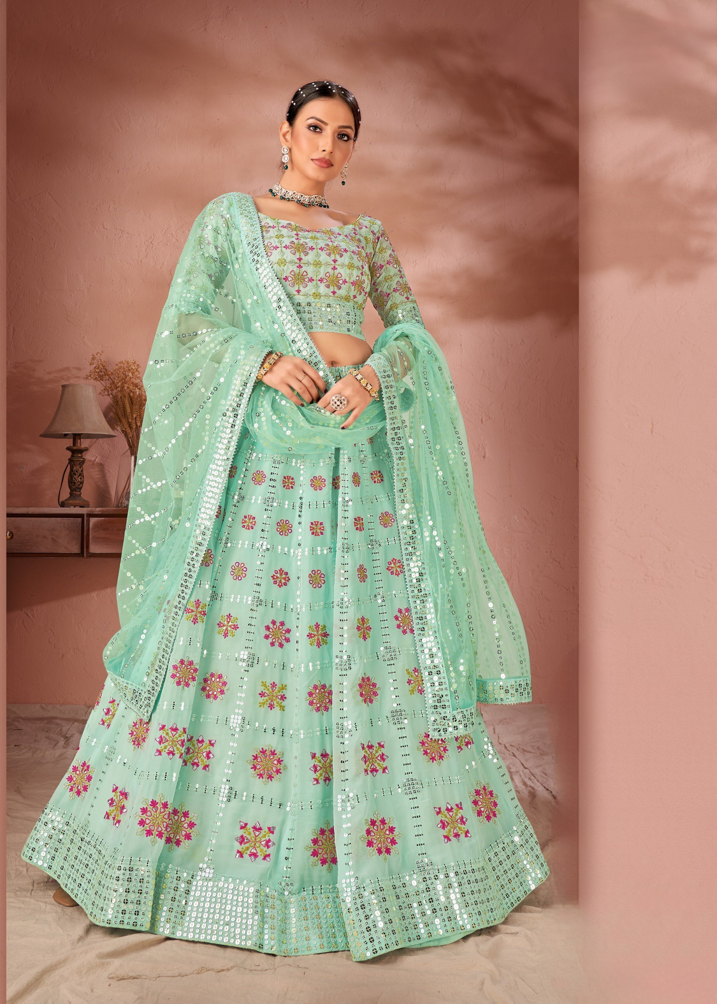 WOMEN'S SEA GREEN GEORGETTE SEQUINS AND MULTI THREAD WORK PARTY WEAR LEHENGA CHOLI