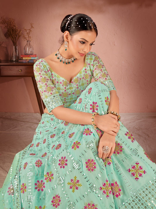 WOMEN'S SEA GREEN GEORGETTE SEQUINS AND MULTI THREAD WORK PARTY WEAR LEHENGA CHOLI