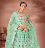 WOMEN'S SEA GREEN GEORGETTE SEQUINS AND MULTI THREAD WORK PARTY WEAR LEHENGA CHOLI