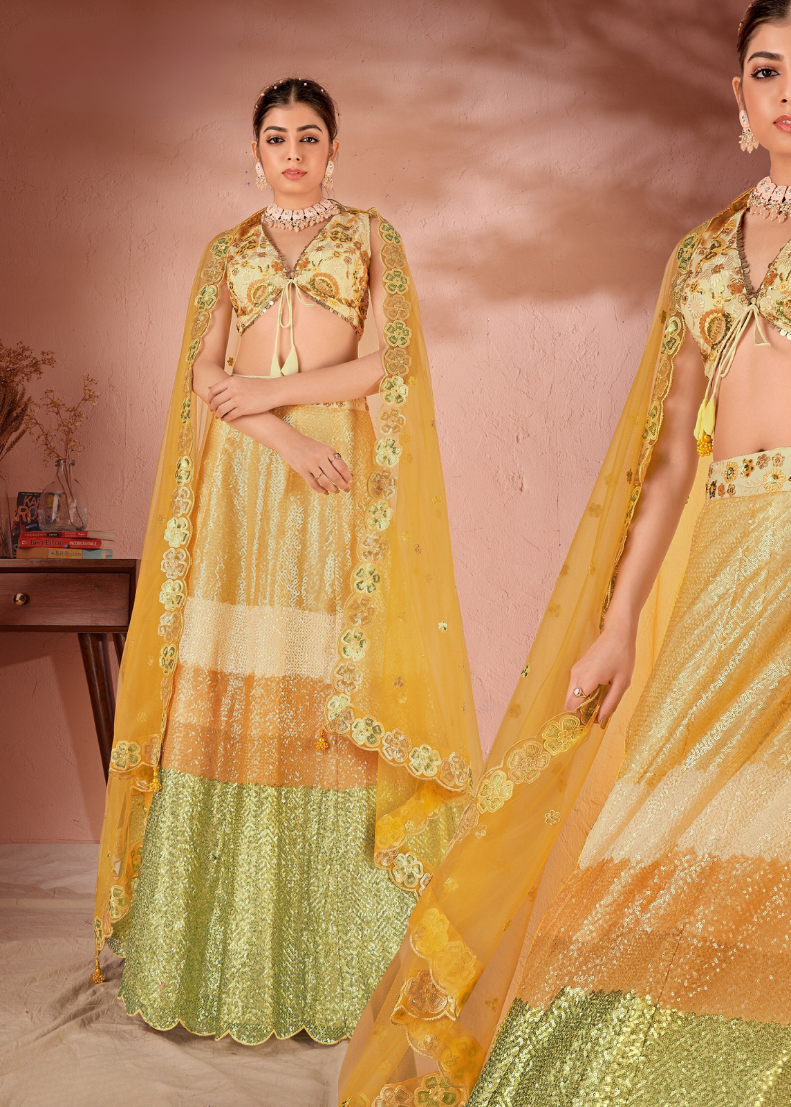 WOMEN'S YELLOW AND GREEN MULTI PREMIUM NET SEQUANCE AND MULTI THREAD WORK PARTY WEAR LEHENGA CHOLI