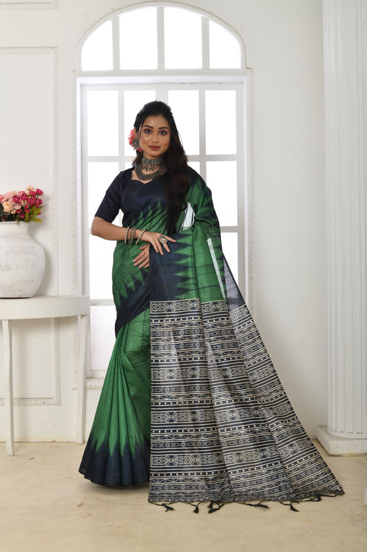 Vsaree Green Tussar Silk Designer Saree With zari woven Bomkai Temple Border and contrast zari pallu And Blouse