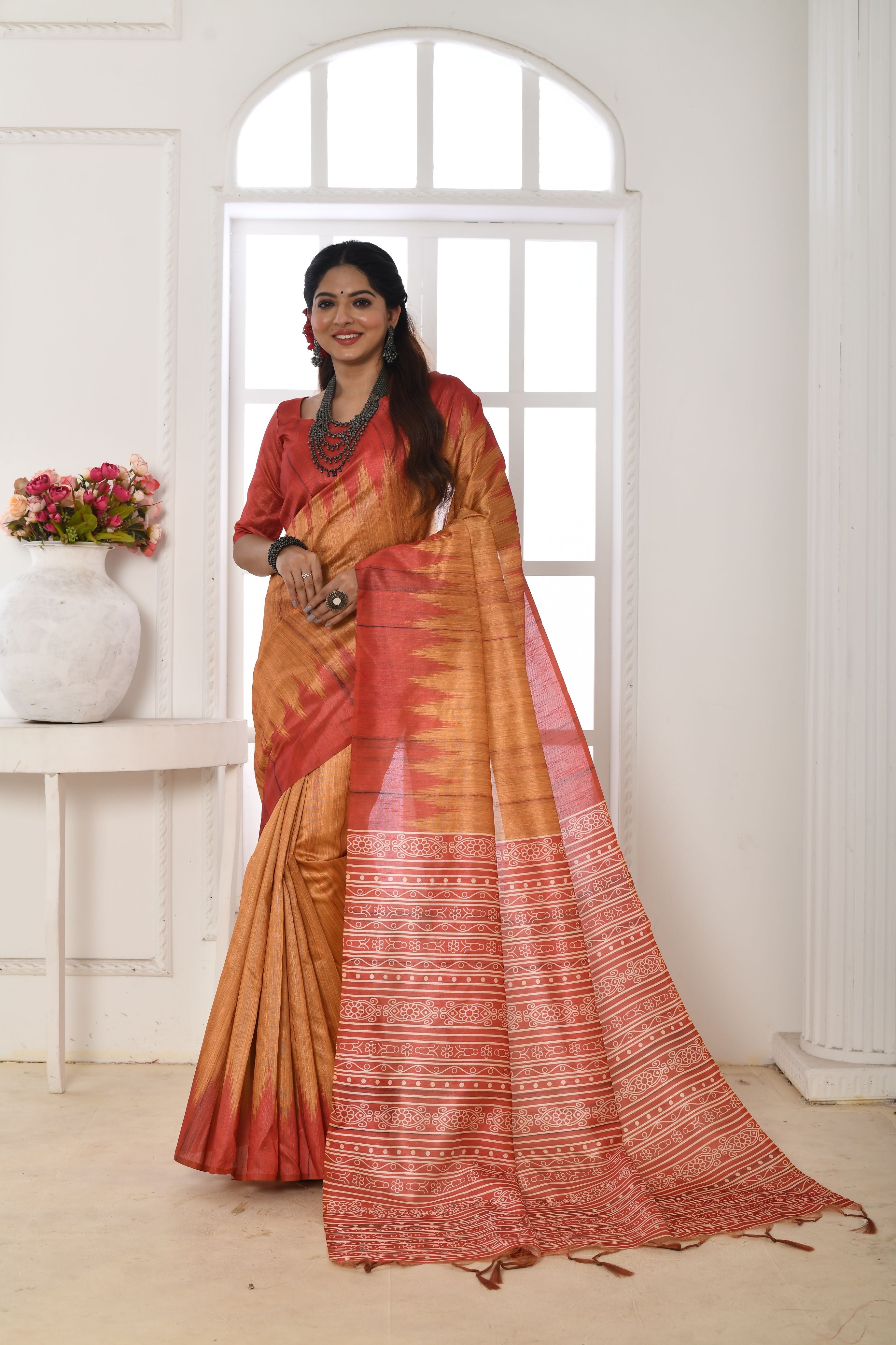 Vsaree Orange Tussar Silk Designer Saree With zari woven Bomkai Temple Border and contrast zari pallu And Blouse