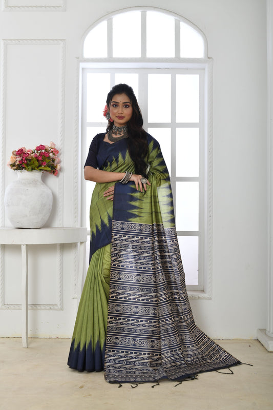 Vsaree Parrot Green Tussar Silk Designer Saree With zari woven Bomkai Temple Border and contrast zari pallu And Blouse