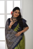 Vsaree Parrot Green Tussar Silk Designer Saree With zari woven Bomkai Temple Border and contrast zari pallu And Blouse