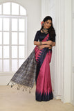 Vsaree Pink Tussar Silk Designer Saree With zari woven Bomkai Temple Border and contrast zari pallu And Blouse