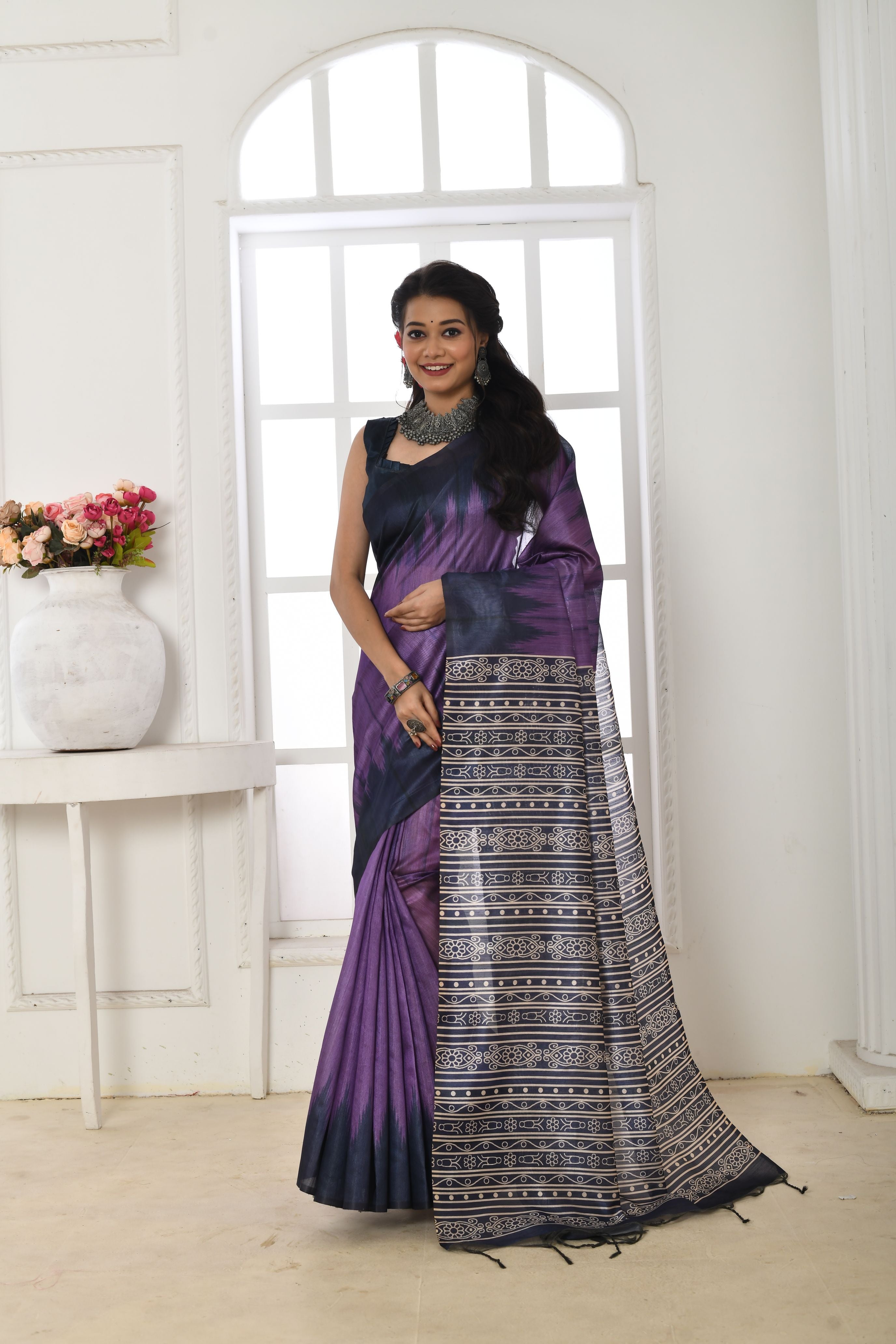 Vsaree Purple Tussar Silk Designer Saree With zari woven Bomkai Temple Border and contrast zari pallu And Blouse